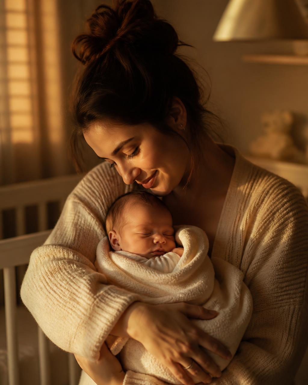 Mãe embalando seu bebê recém-nascido dormindo em um quarto iluminado por luz quente